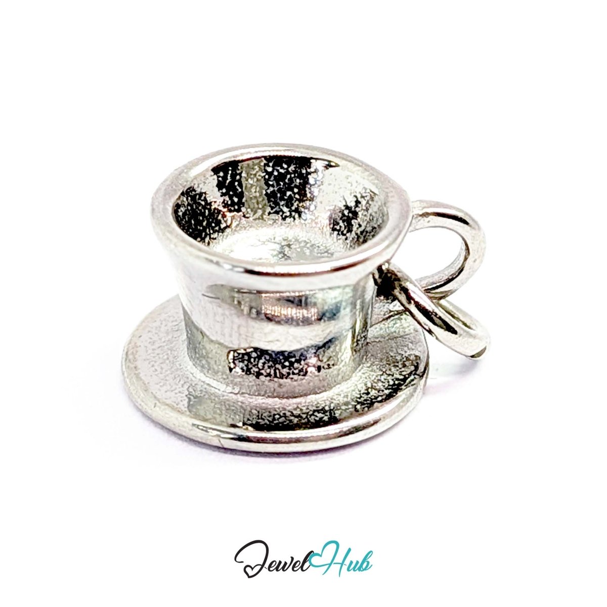 Three-dimensional coffee cup and saucer charm in silver stainless steel - angled view - JewelHub