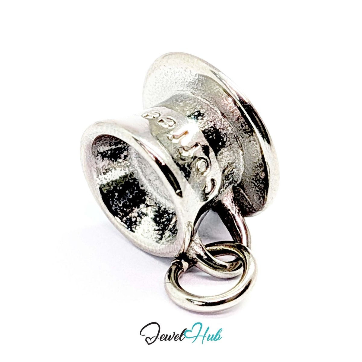 Three-dimensional coffee cup and saucer charm in silver stainless steel - turned to show depth - JewelHub