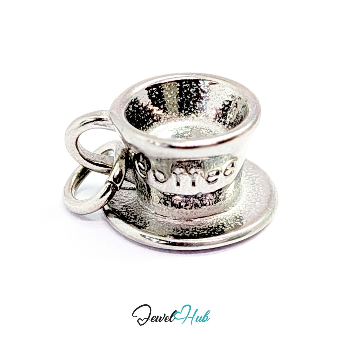Three-dimensional coffee cup and saucer charm in silver stainless steel - three-quarter view - JewelHub