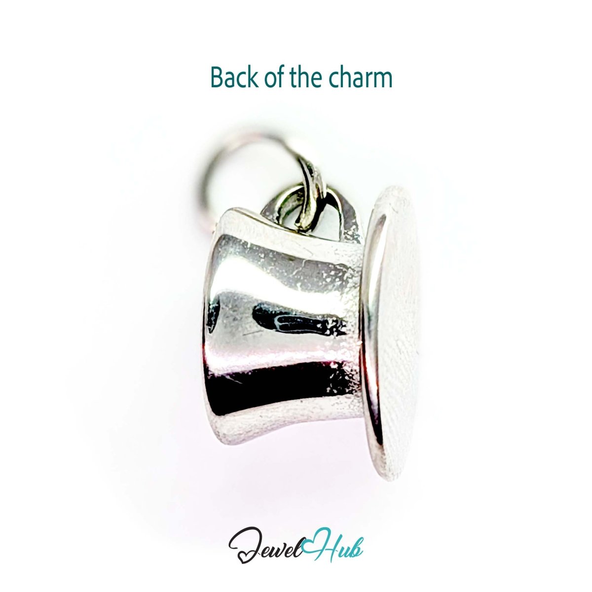 Three-dimensional coffee cup and saucer charm in silver stainless steel - reverse - JewelHub