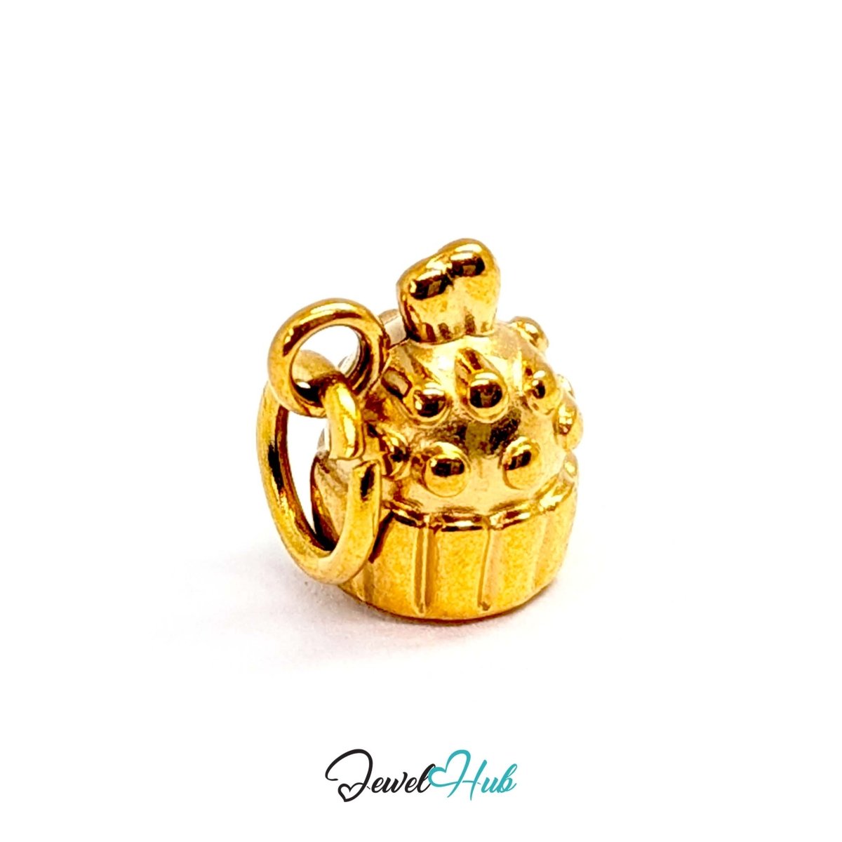 Three-dimensional cupcake charm in gold stainless steel - turned to show depth - JewelHub