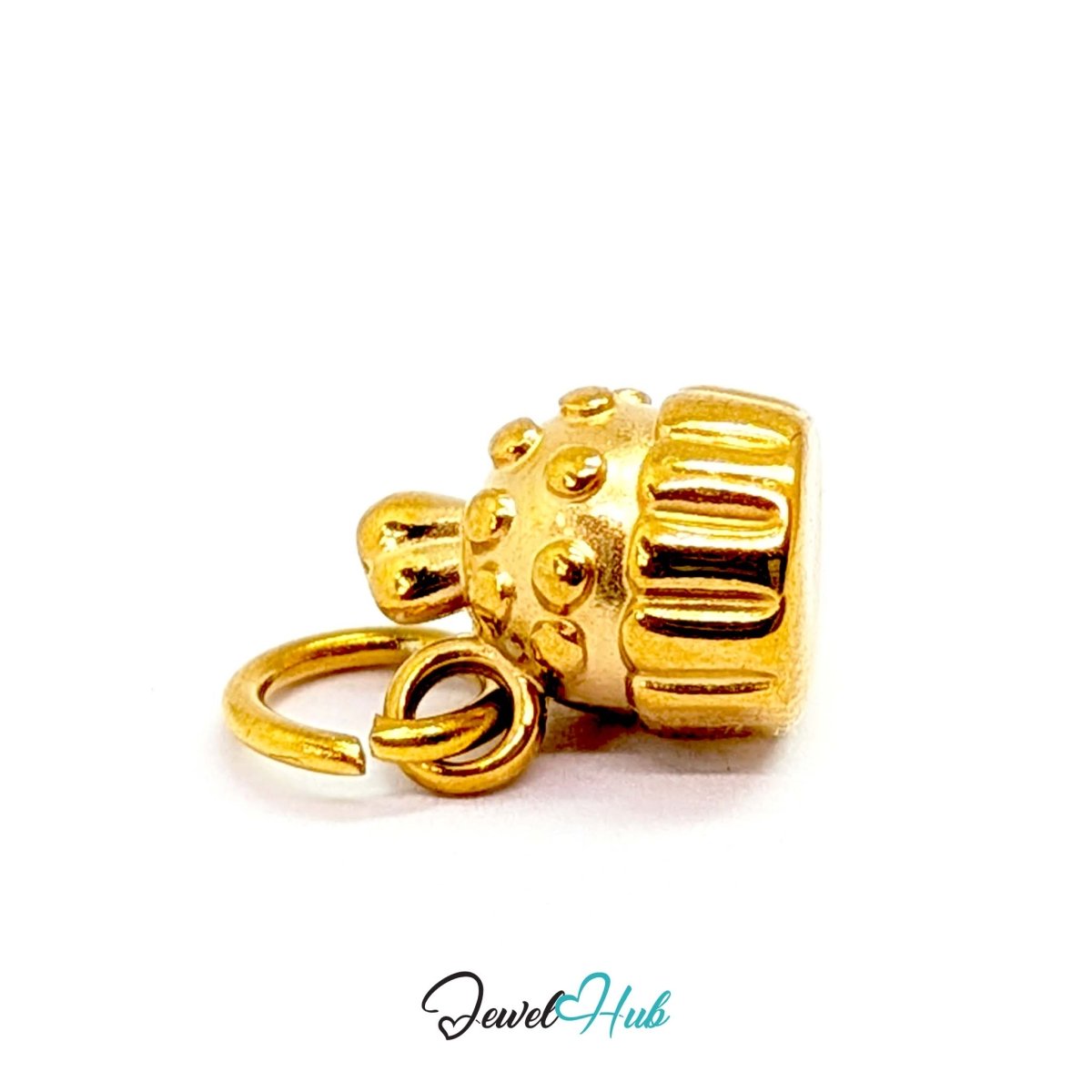 Three-dimensional cupcake charm in gold stainless steel - angled view - JewelHub