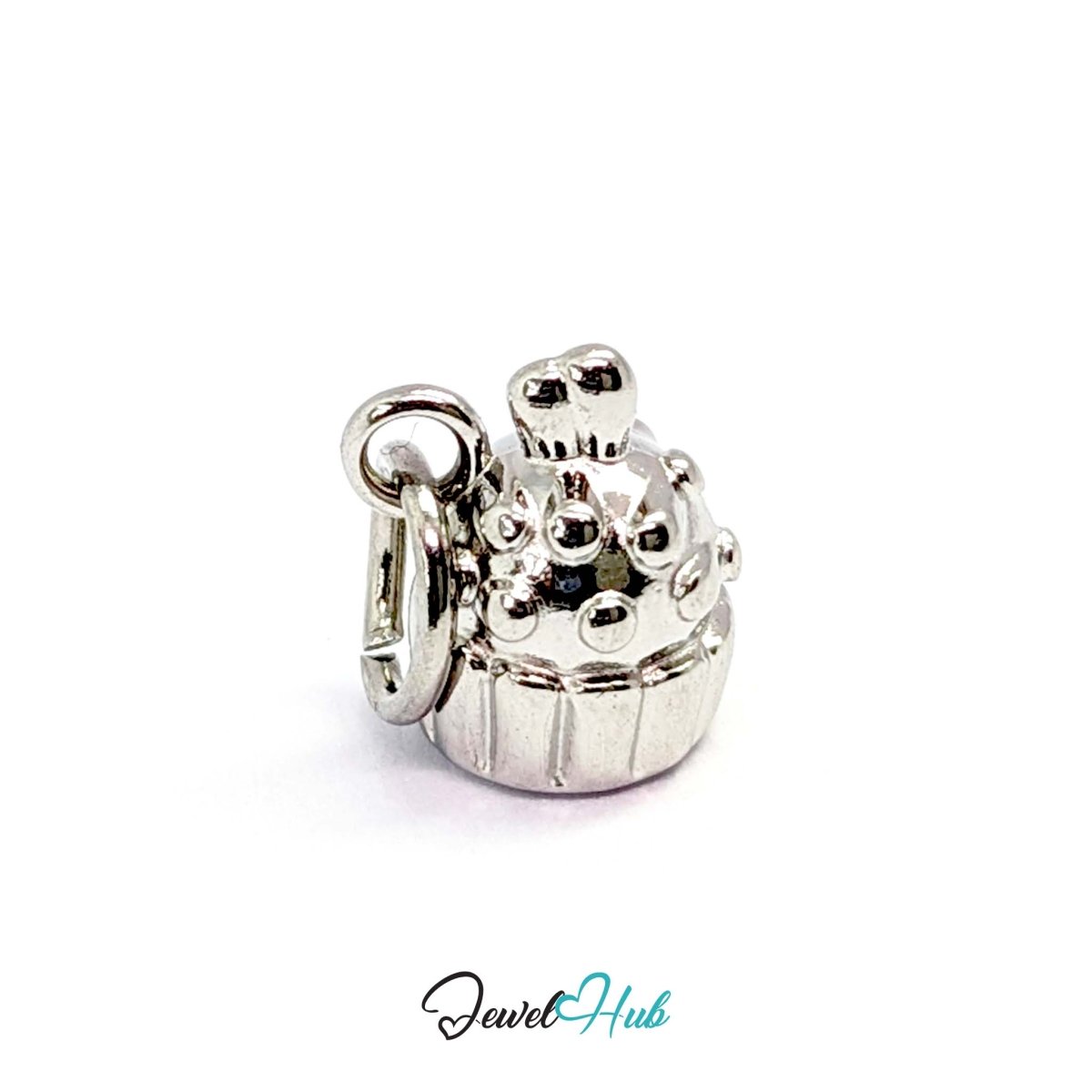 Three-dimensional cupcake charm in silver stainless steel - angled view - JewelHub
