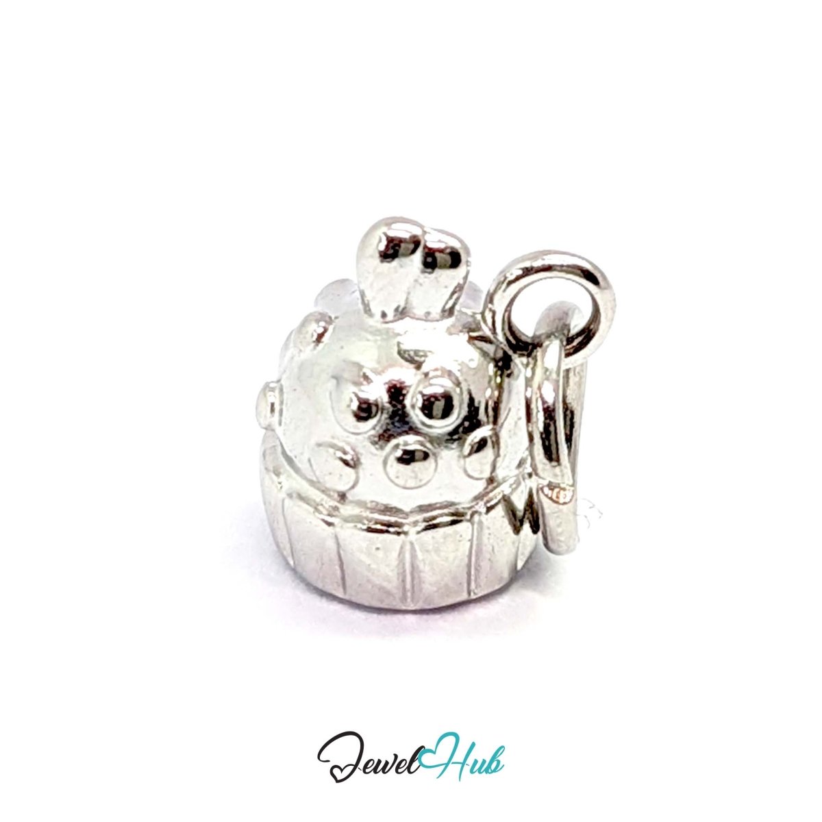 Three-dimensional cupcake charm in silver stainless steel - three-quarter view - JewelHub
