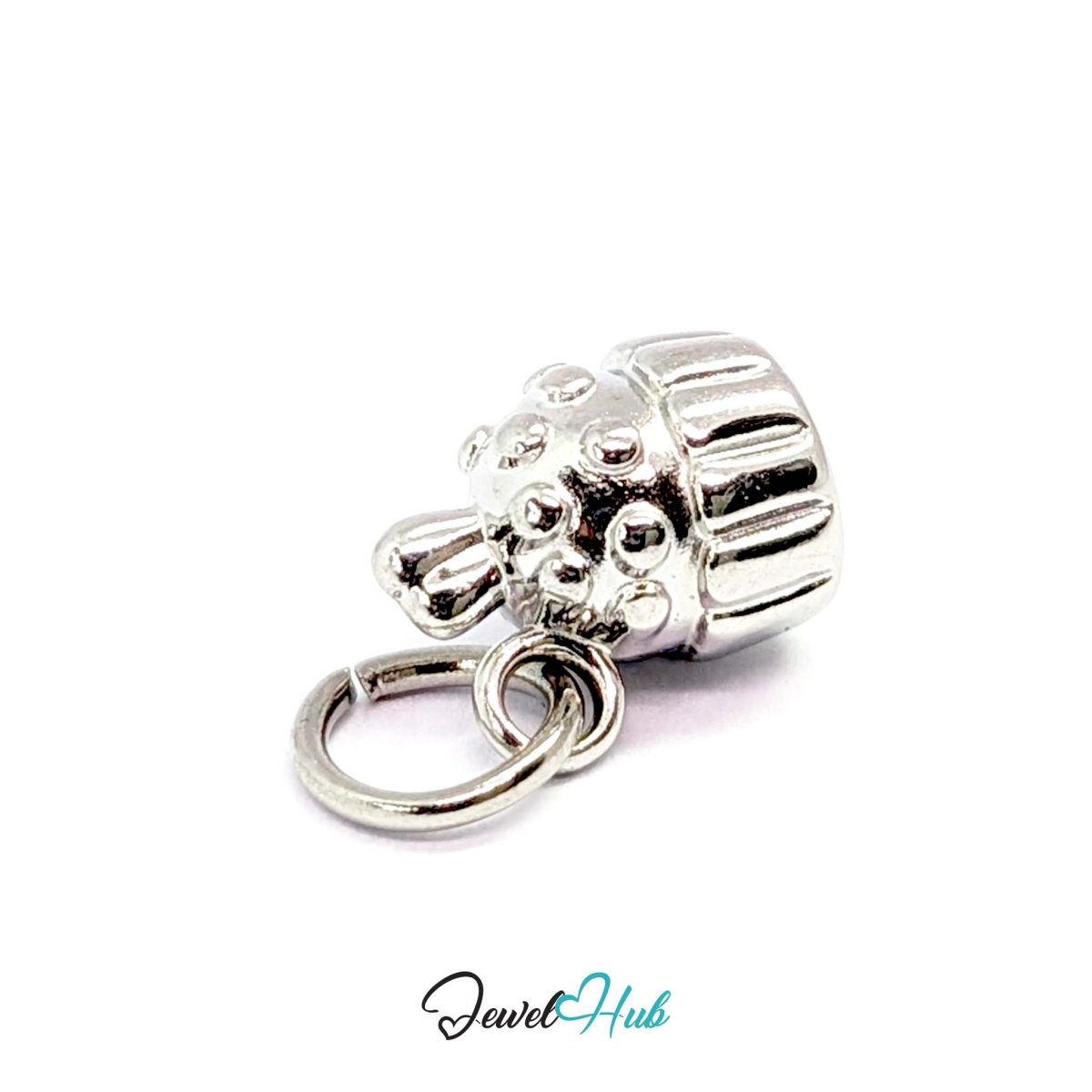 Three-dimensional cupcake charm in silver stainless steel - turned to show depth - JewelHub