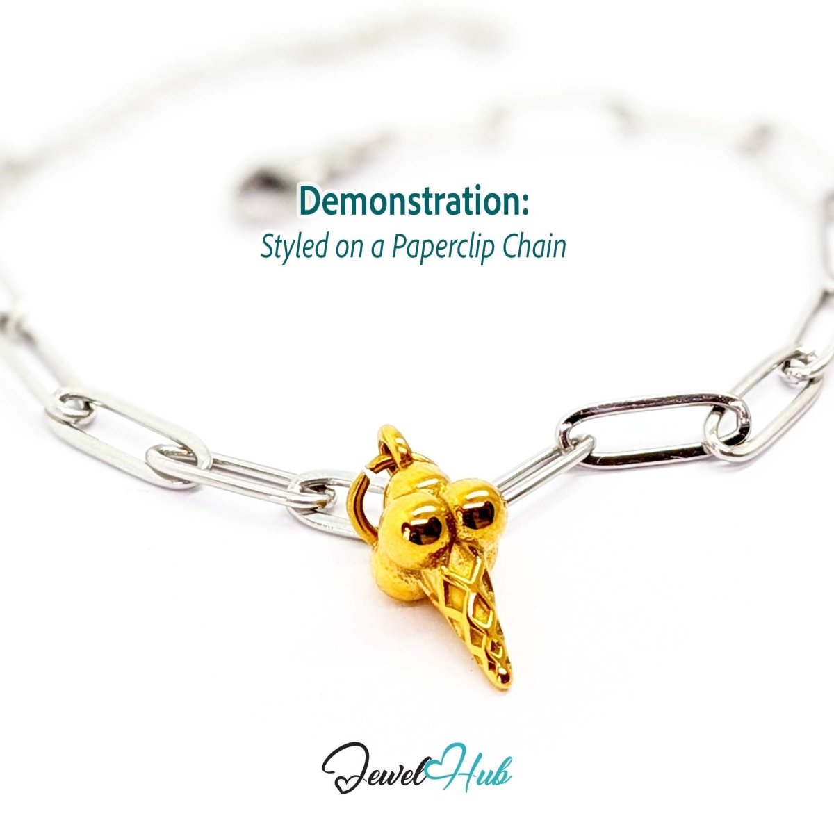 Ice cream cone charm in gold stainless steel - styled on a silver paperclip chain bracelet - JewelHub