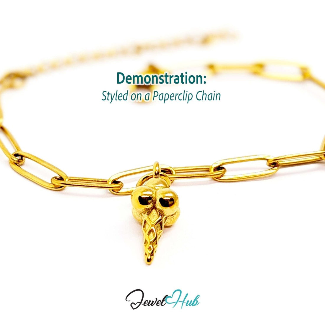 Ice cream cone charm in gold stainless steel - styled on a gold paperclip chain bracelet - JewelHub