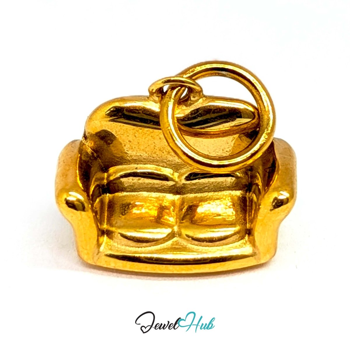 Three-dimensional sofa charm in gold stainless steel - three-quarter view - JewelHub