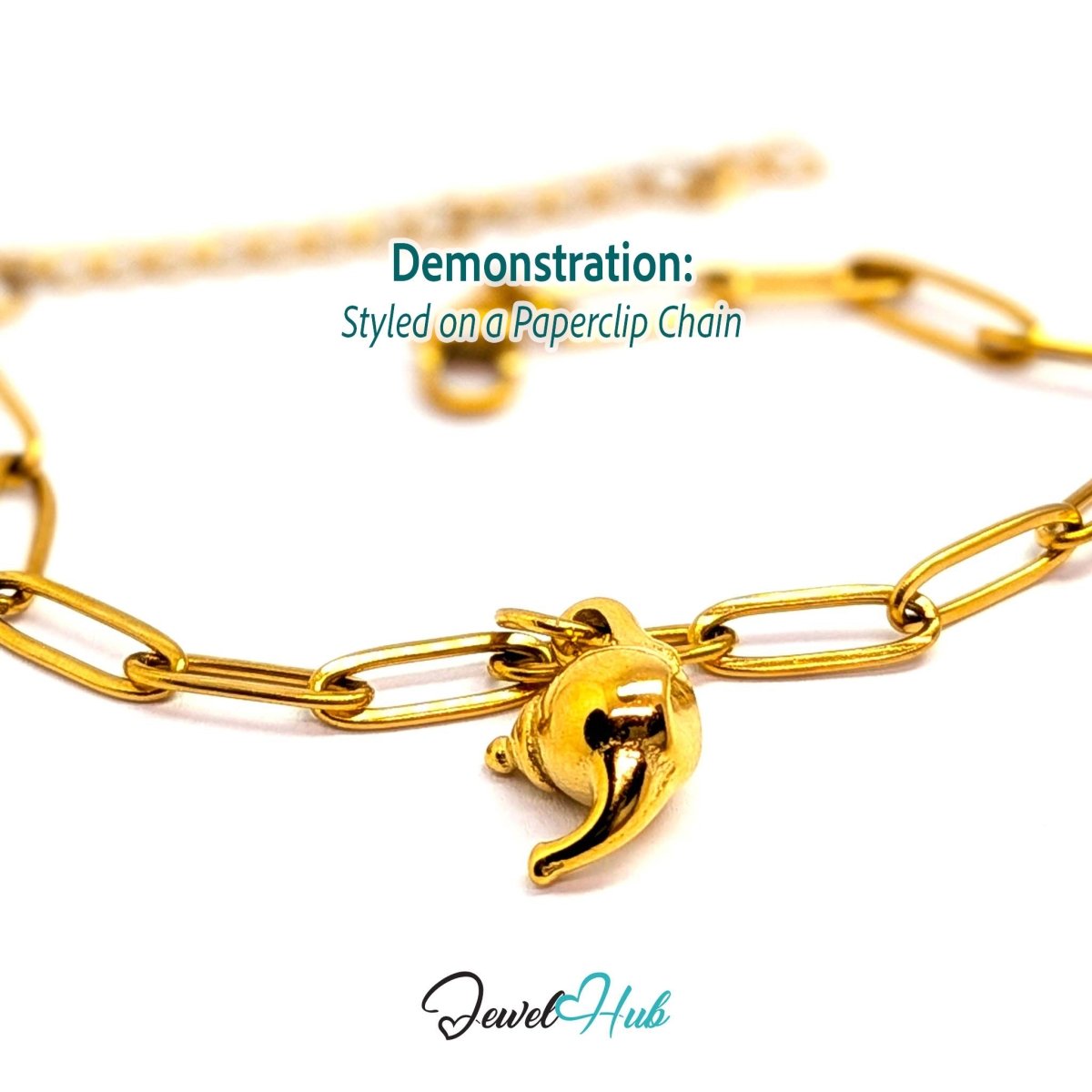 Three-dimensional teapot charm in gold stainless steel - styled on a gold paperclip chain bracelet - JewelHub