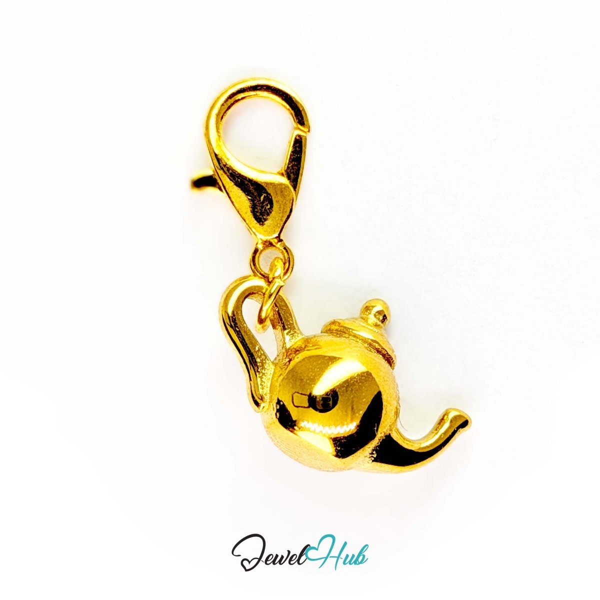 Three-dimensional teapot charm in gold stainless steel - shown with the lobster clasp attached - JewelHub