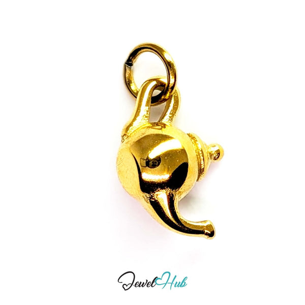 Three-dimensional teapot charm in gold stainless steel - front view - JewelHub