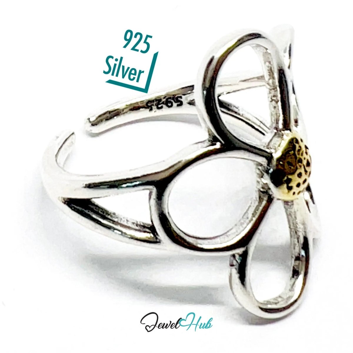 925 Silver & Gold - Tone Flower Ring · UK M - N - O · US 6.5–8 · 3g · Hallmarked - JewelHub.co.uk