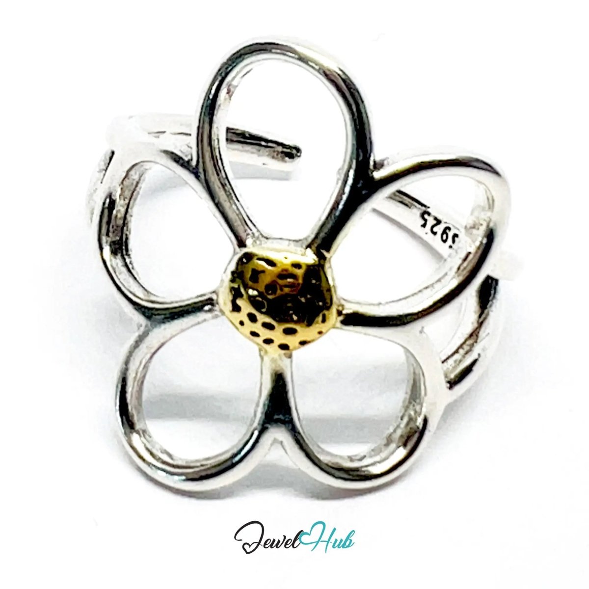 925 Silver & Gold - Tone Flower Ring · UK M - N - O · US 6.5–8 · 3g · Hallmarked - JewelHub.co.uk
