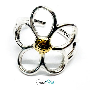 925 Silver & Gold - Tone Flower Ring · UK M - N - O · US 6.5–8 · 3g · Hallmarked - JewelHub.co.uk