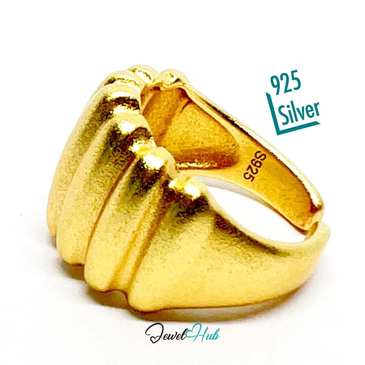 925 Silver Ring · Gold - Plated Ribbed Texture · UK M - N - O · US 6.5–8 · 6.48g · Hallmarked - JewelHub.co.uk