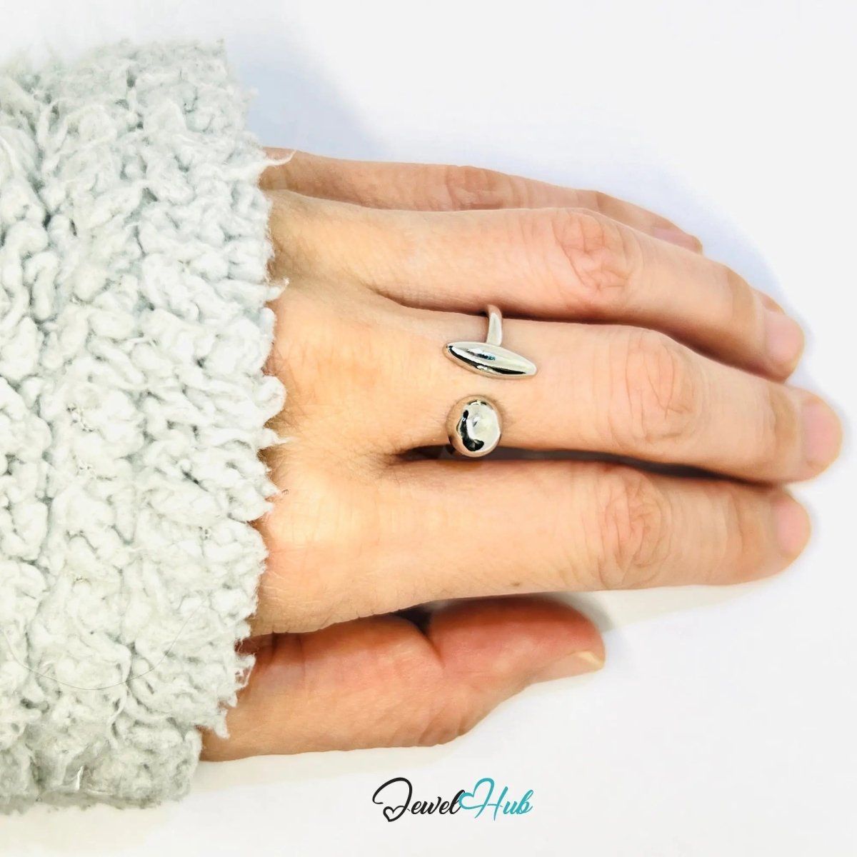925 Silver Ring (Hallmarked) Ball & Oval Open - End Design | 2.6g | Adjustable UK M - N - O - JewelHub.co.uk