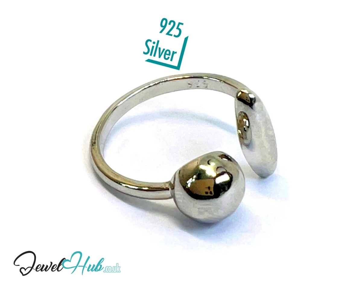 925 Silver Ring (Hallmarked) Ball & Oval Open - End Design | 2.6g | Adjustable UK M - N - O - JewelHub.co.uk