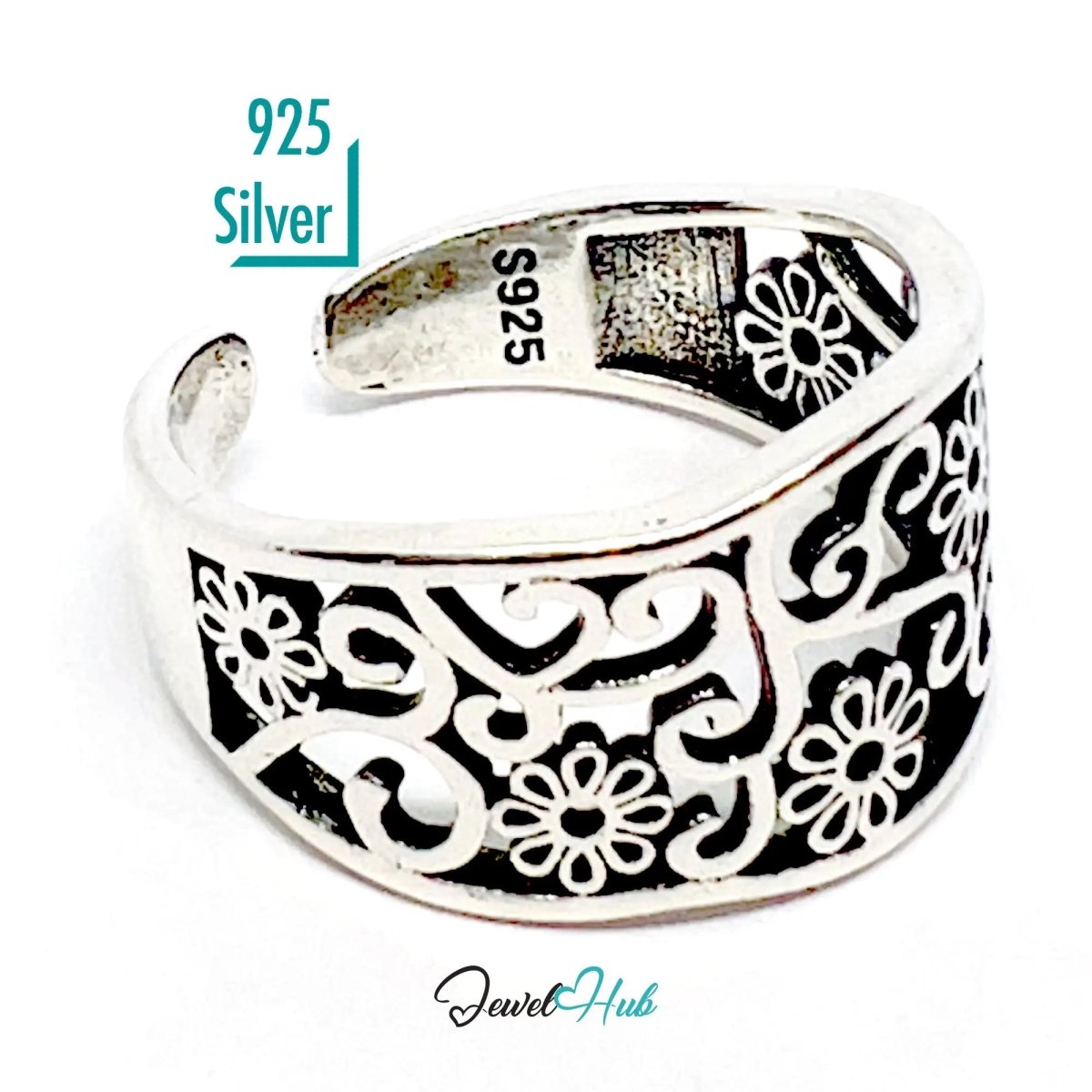 925 Silver Ring (Hallmarked) Floral Swirl · UK O - P - Q · US 7–8.5 · 3.19g - JewelHub.co.uk