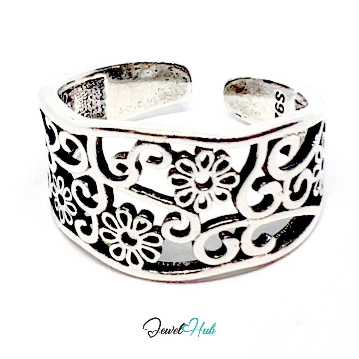 925 Silver Ring (Hallmarked) Floral Swirl · UK O - P - Q · US 7–8.5 · 3.19g - JewelHub.co.uk