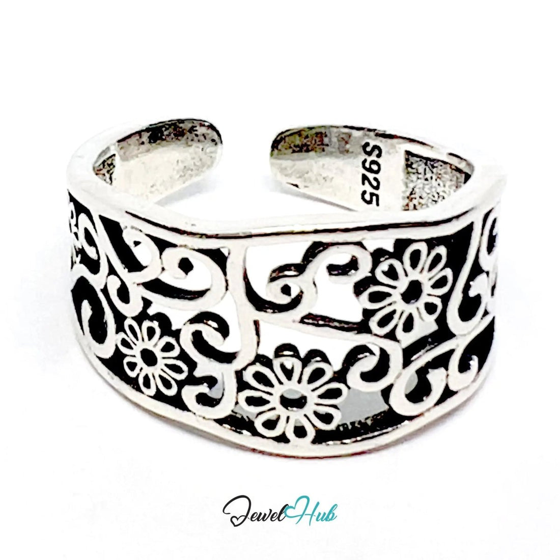925 Silver Ring (Hallmarked) Floral Swirl · UK O - P - Q · US 7–8.5 · 3.19g - JewelHub.co.uk