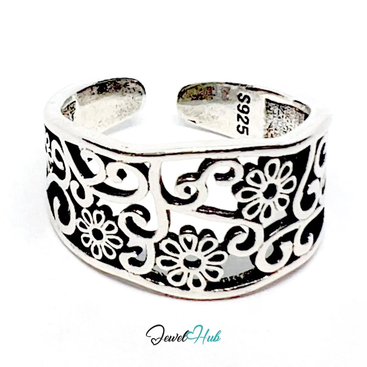 925 Silver Ring (Hallmarked) Floral Swirl · UK O - P - Q · US 7–8.5 · 3.19g - JewelHub.co.uk