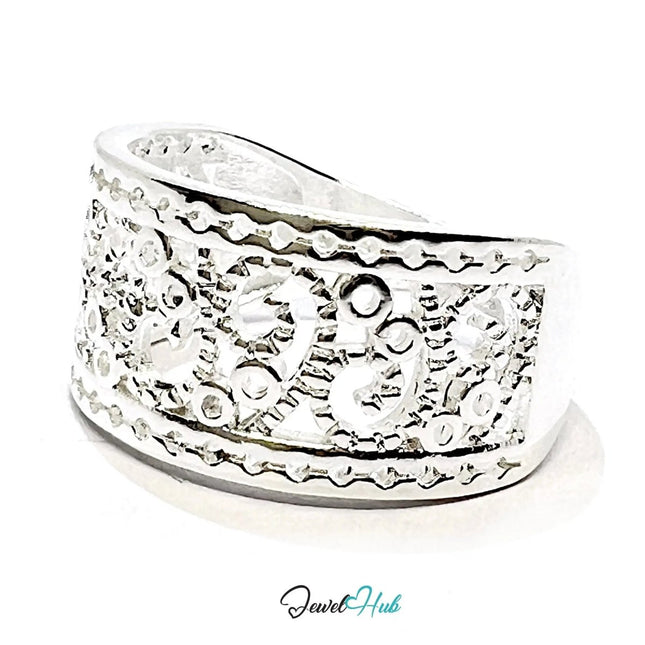 925 Silver Ring (Hallmarked) Lace - Inspired Pattern with Beaded Edges | 3.6 - 4.2g | UK N US 7 / UK R US 9 - JewelHub.co.uk