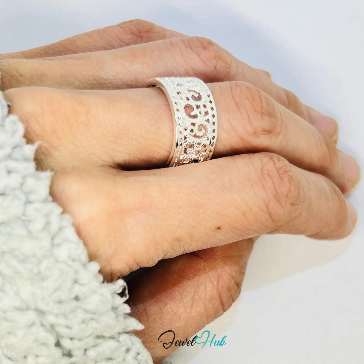 925 Silver Ring (Hallmarked) Lace - Inspired Pattern with Beaded Edges | 3.6 - 4.2g | UK N US 7 / UK R US 9 - JewelHub.co.uk