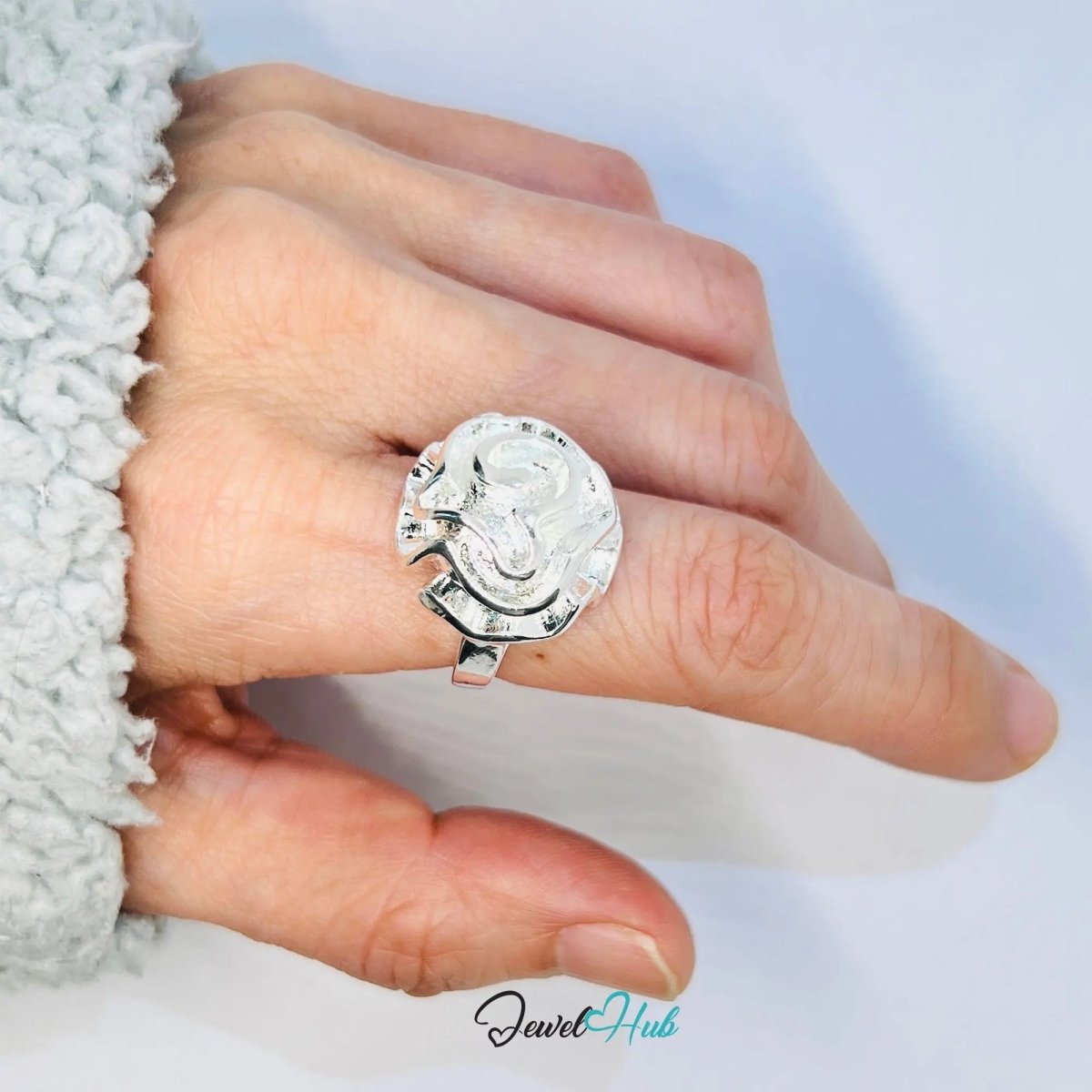 925 Silver Ring (Hallmarked) Rose Motif with Wavy Sculptural Band | 9.37g | UK N US 7 / UK Q US 8.5 - JewelHub.co.uk