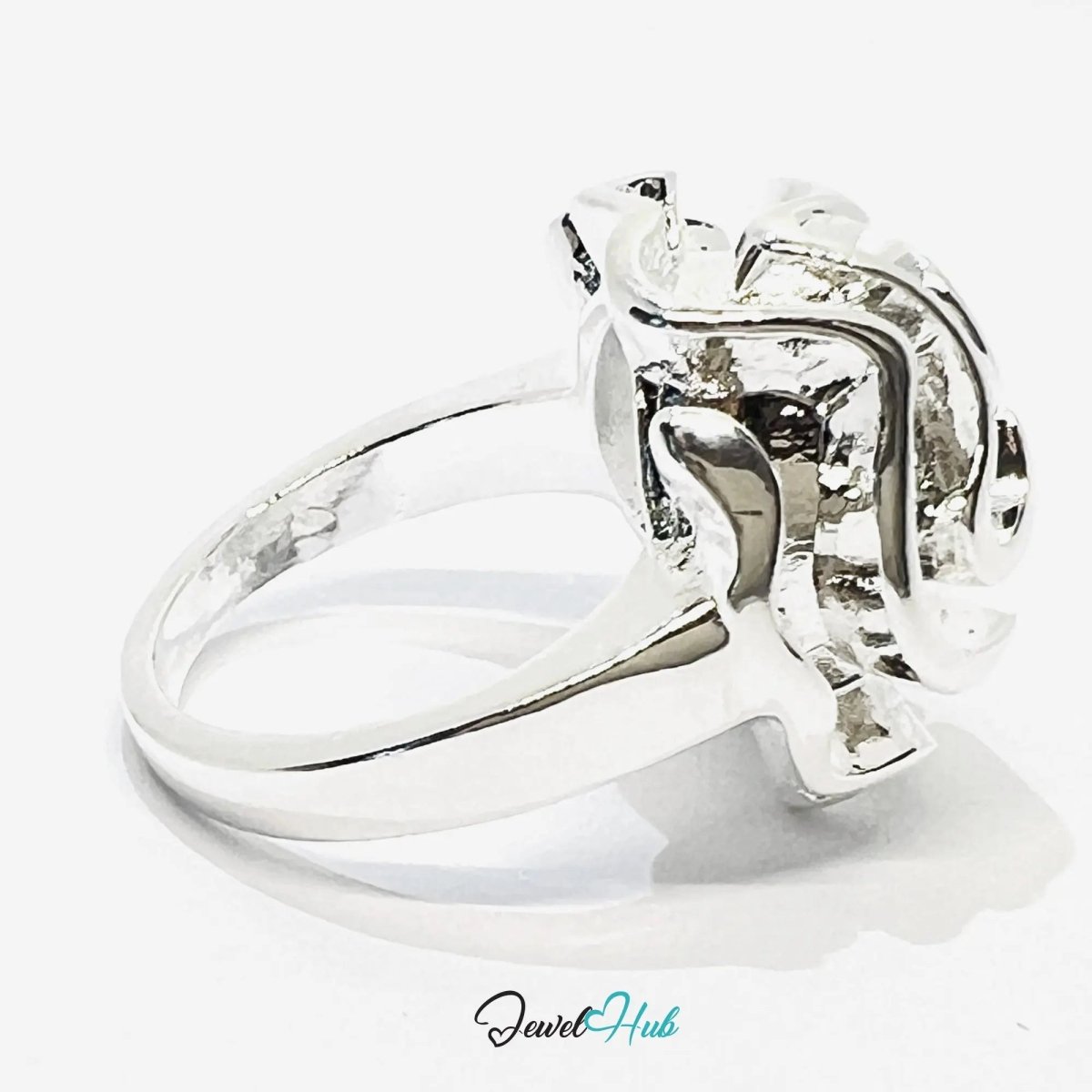 925 Silver Ring (Hallmarked) Rose Motif with Wavy Sculptural Band | 9.37g | UK N US 7 / UK Q US 8.5 - JewelHub.co.uk