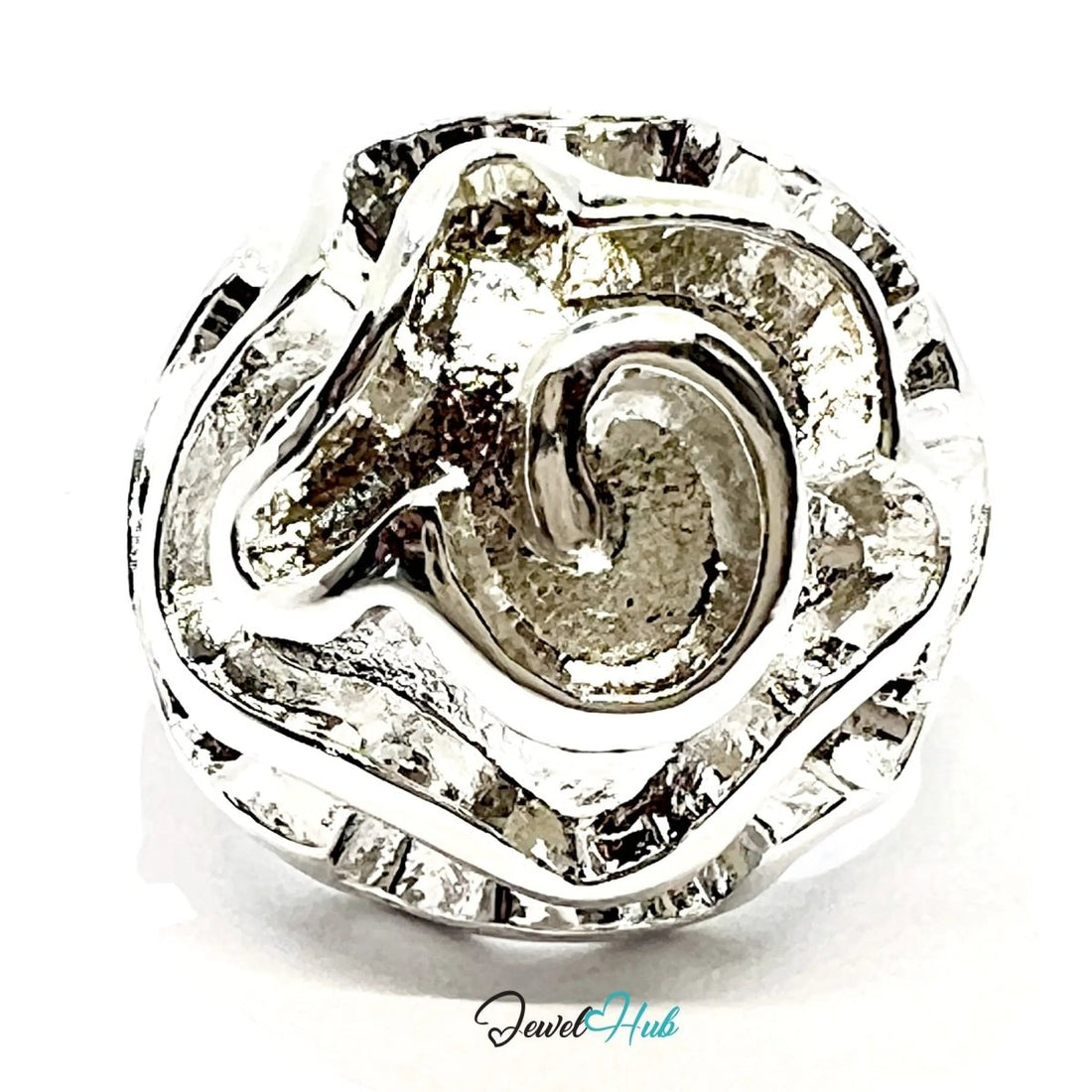 925 Silver Ring (Hallmarked) Rose Motif with Wavy Sculptural Band | 9.37g | UK N US 7 / UK Q US 8.5 - JewelHub.co.uk