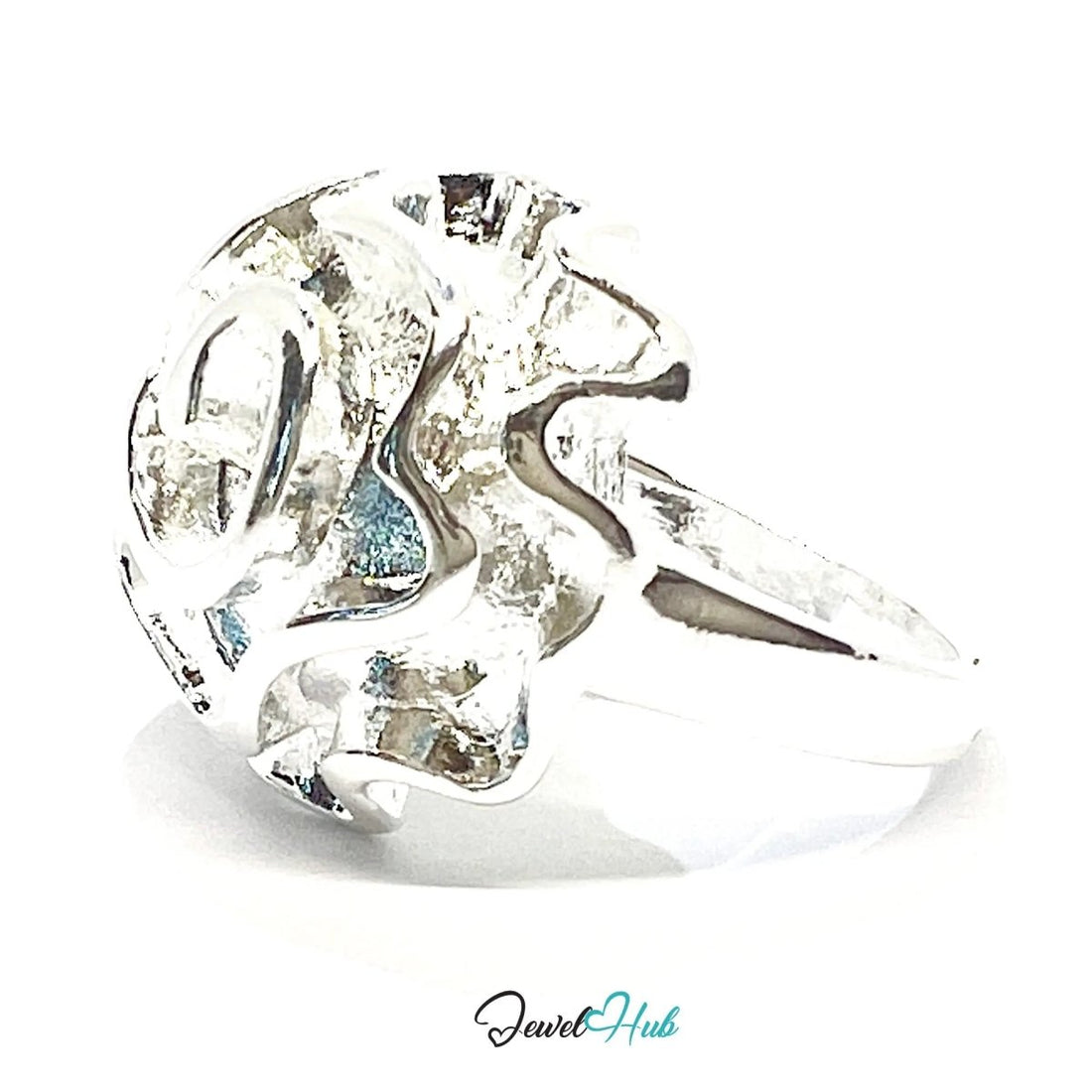 925 Silver Ring (Hallmarked) Rose Motif with Wavy Sculptural Band | 9.37g | UK N US 7 / UK Q US 8.5 - JewelHub.co.uk