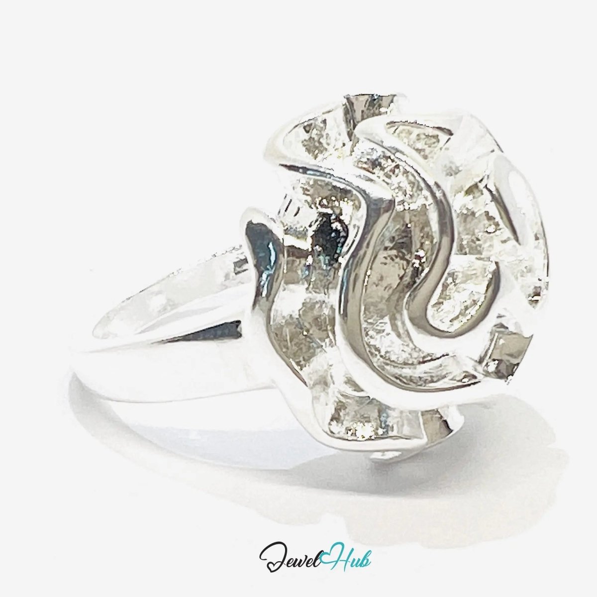 925 Silver Ring (Hallmarked) Rose Motif with Wavy Sculptural Band | 9.37g | UK N US 7 / UK Q US 8.5 - JewelHub.co.uk