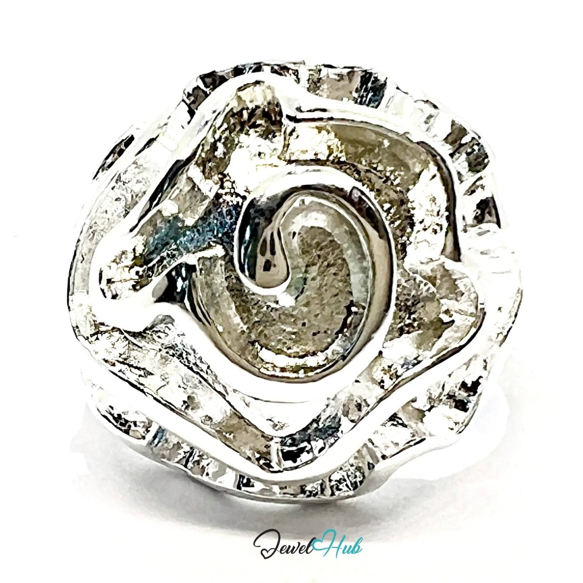 925 Silver Ring (Hallmarked) Rose Motif with Wavy Sculptural Band | 9.37g | UK N US 7 / UK Q US 8.5 - JewelHub.co.uk