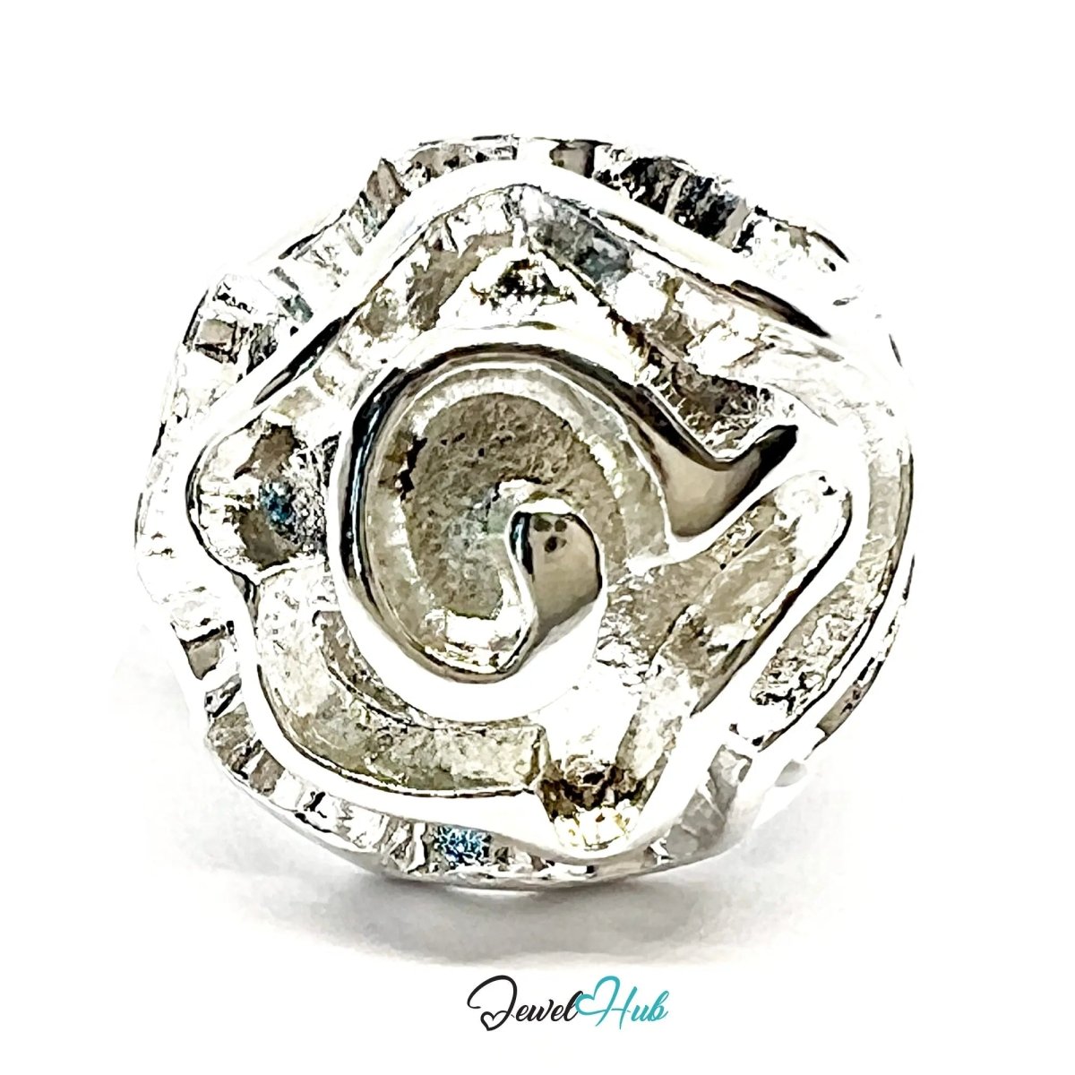 925 Silver Ring (Hallmarked) Rose Motif with Wavy Sculptural Band | 9.37g | UK N US 7 / UK Q US 8.5 - JewelHub.co.uk