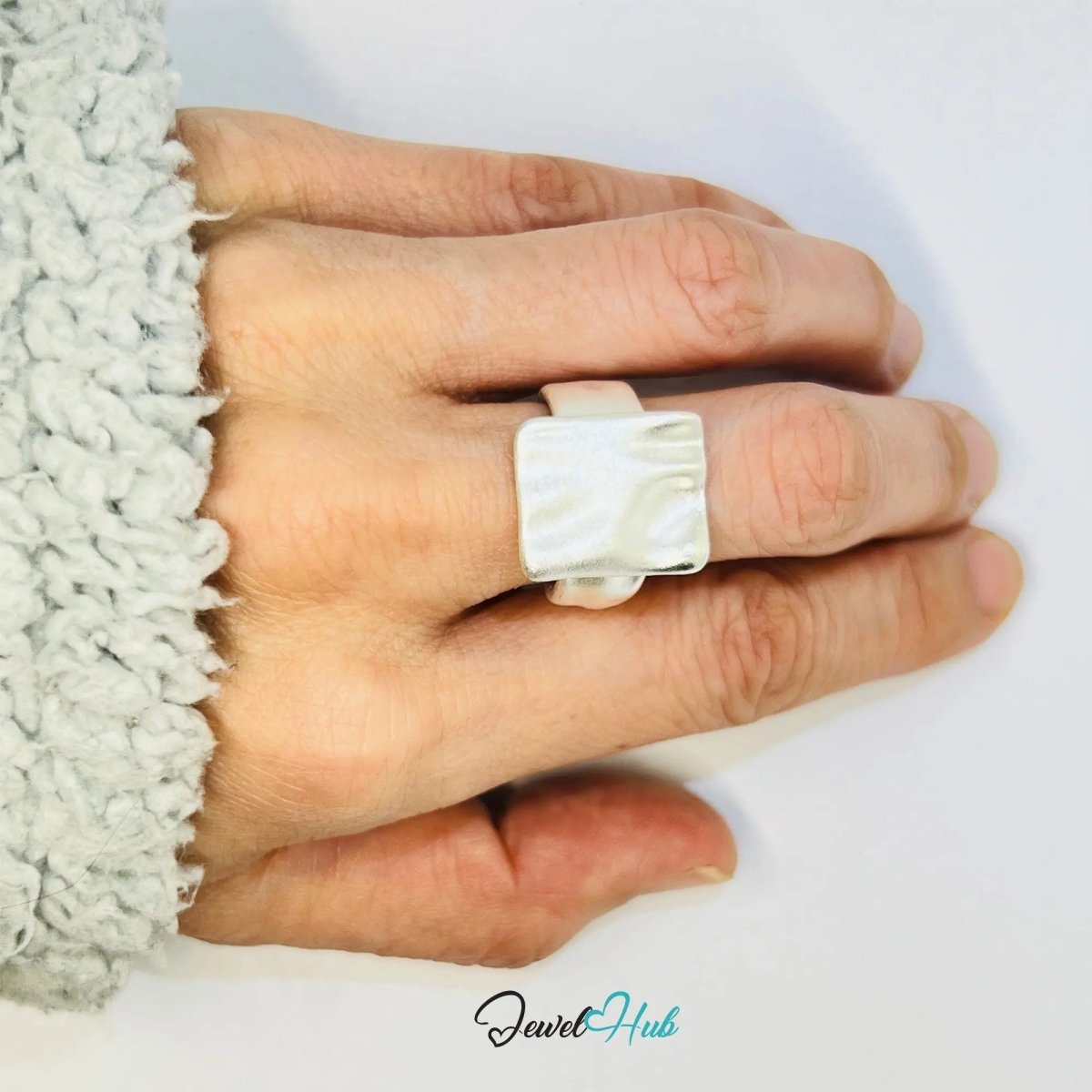 925 Silver Ring (Hallmarked) Square Top Design with Textured Finish | 9.4g | Adjustable UK M - N - O - JewelHub.co.uk
