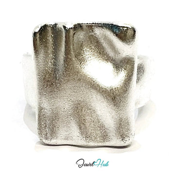 925 Silver Ring (Hallmarked) Square Top Design with Textured Finish | 9.4g | Adjustable UK M - N - O - JewelHub.co.uk
