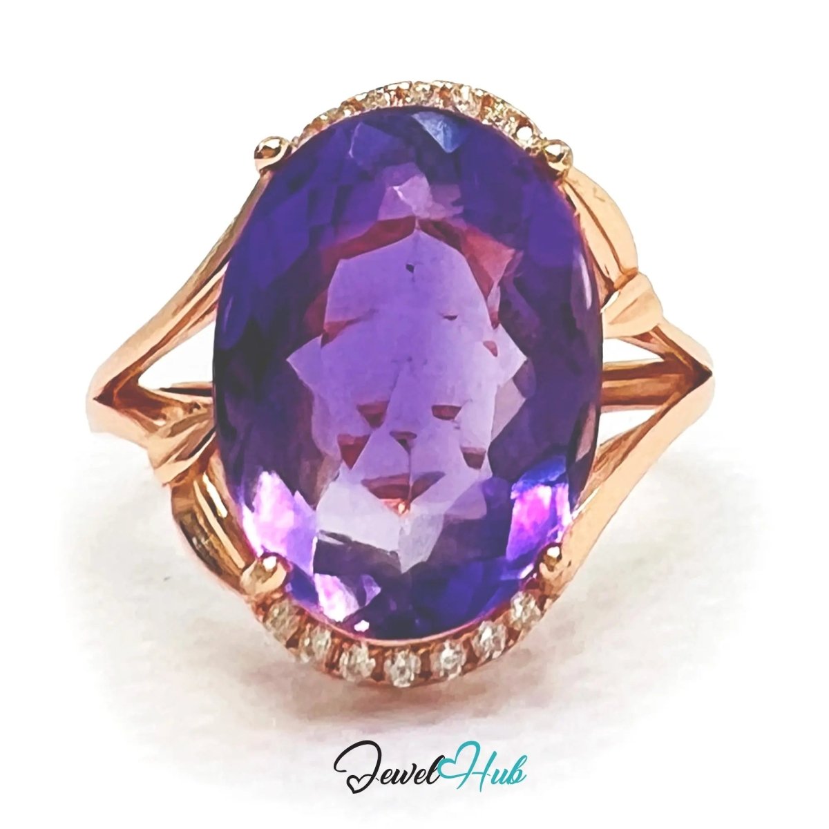 925 Silver Rose Gold Oval Amethyst Halo Ring (7.6ct) | Adjustable (J - L) | CZ Accents - JewelHub.co.uk