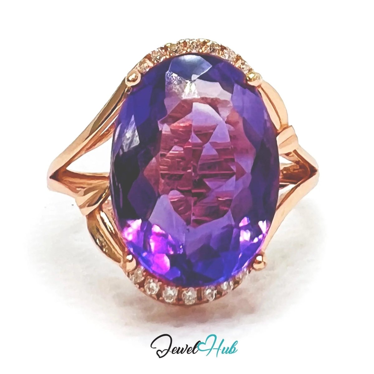 925 Silver Rose Gold Oval Amethyst Halo Ring (7.6ct) | Adjustable (J - L) | CZ Accents - JewelHub.co.uk