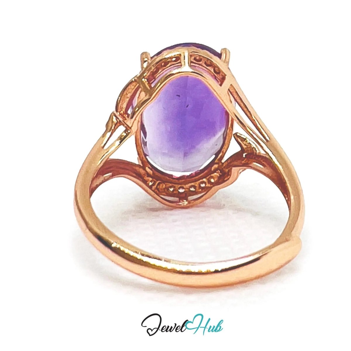 925 Silver Rose Gold Oval Amethyst Halo Ring (7.6ct) | Adjustable (J - L) | CZ Accents - JewelHub.co.uk