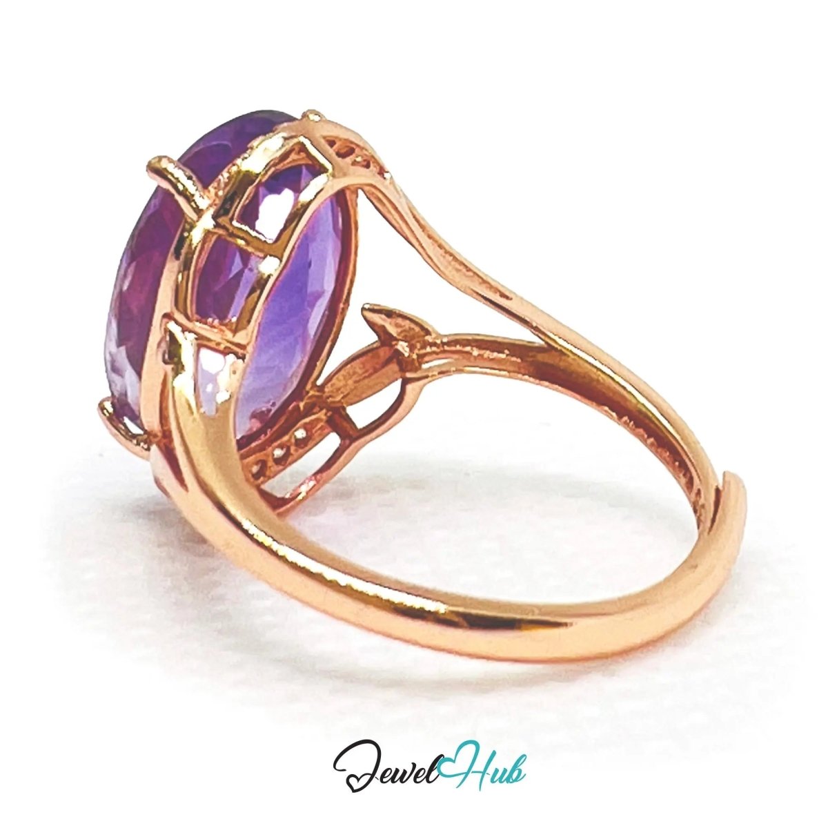 925 Silver Rose Gold Oval Amethyst Halo Ring (7.6ct) | Adjustable (J - L) | CZ Accents - JewelHub.co.uk