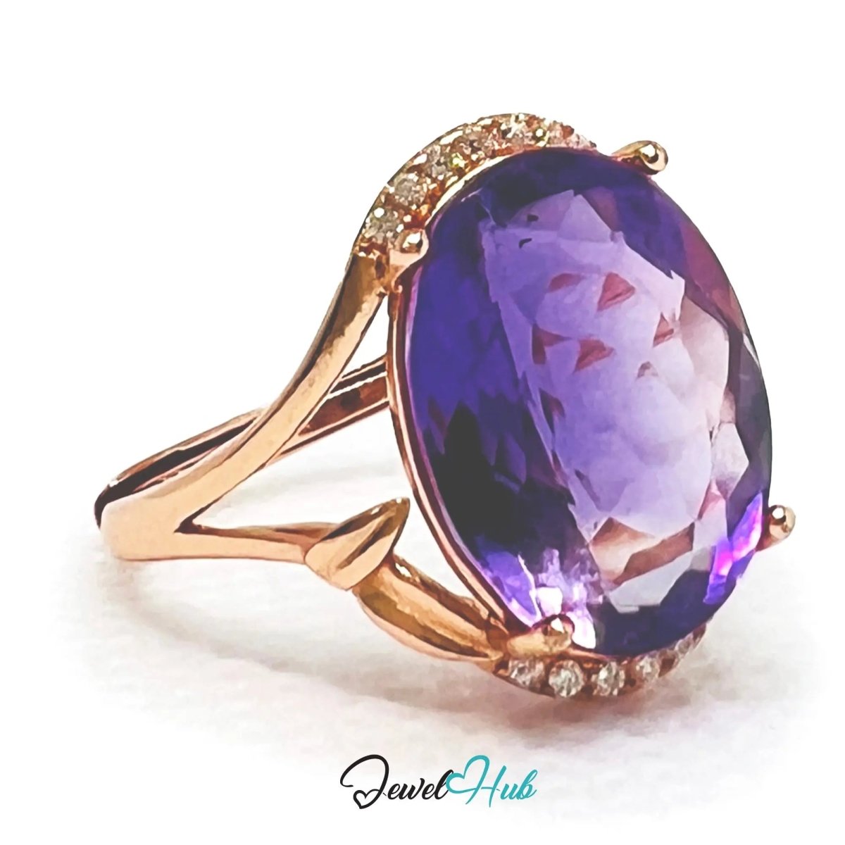 925 Silver Rose Gold Oval Amethyst Halo Ring (7.6ct) | Adjustable (J - L) | CZ Accents - JewelHub.co.uk