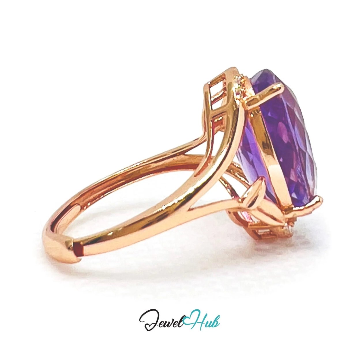 925 Silver Rose Gold Oval Amethyst Halo Ring (7.6ct) | Adjustable (J - L) | CZ Accents - JewelHub.co.uk