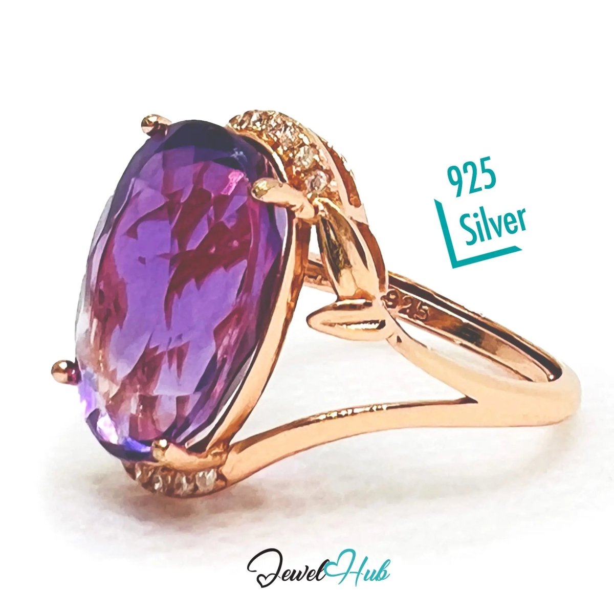 925 Silver Rose Gold Oval Amethyst Halo Ring (7.6ct) | Adjustable (J - L) | CZ Accents - JewelHub.co.uk