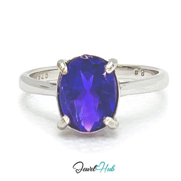 925 Sterling Silver Amethyst Ring (Oval 1.8ct) | UK O US 7.5 | Modern Simplicity - JewelHub.co.uk