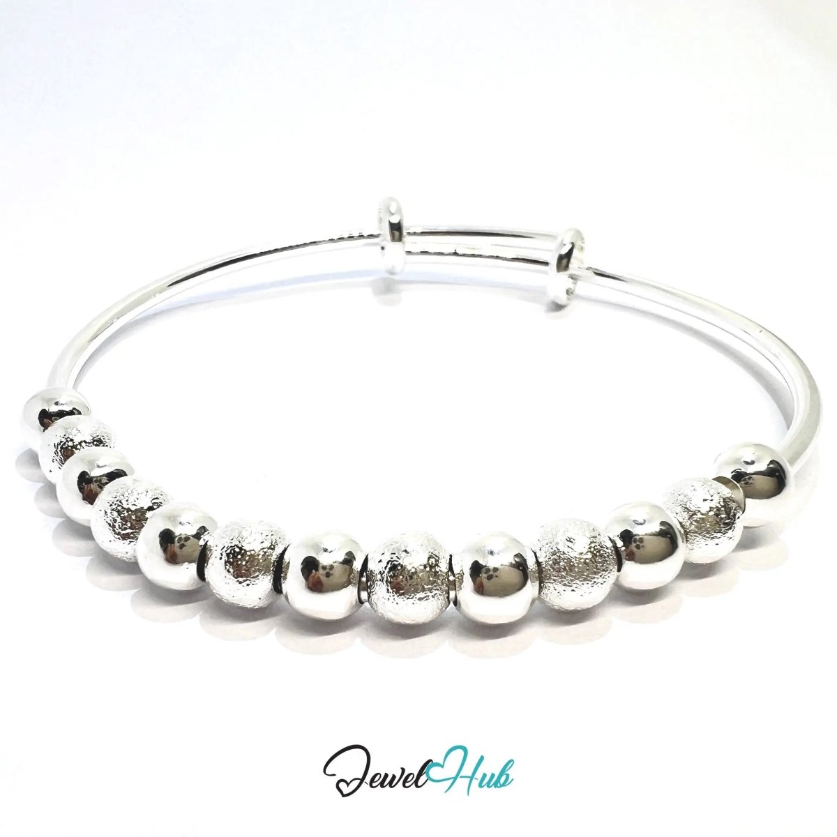 925 Sterling Silver Beaded Bangle – Polished & Textured Sphere Bracelet with Adjustable Open End - JewelHub.co.uk