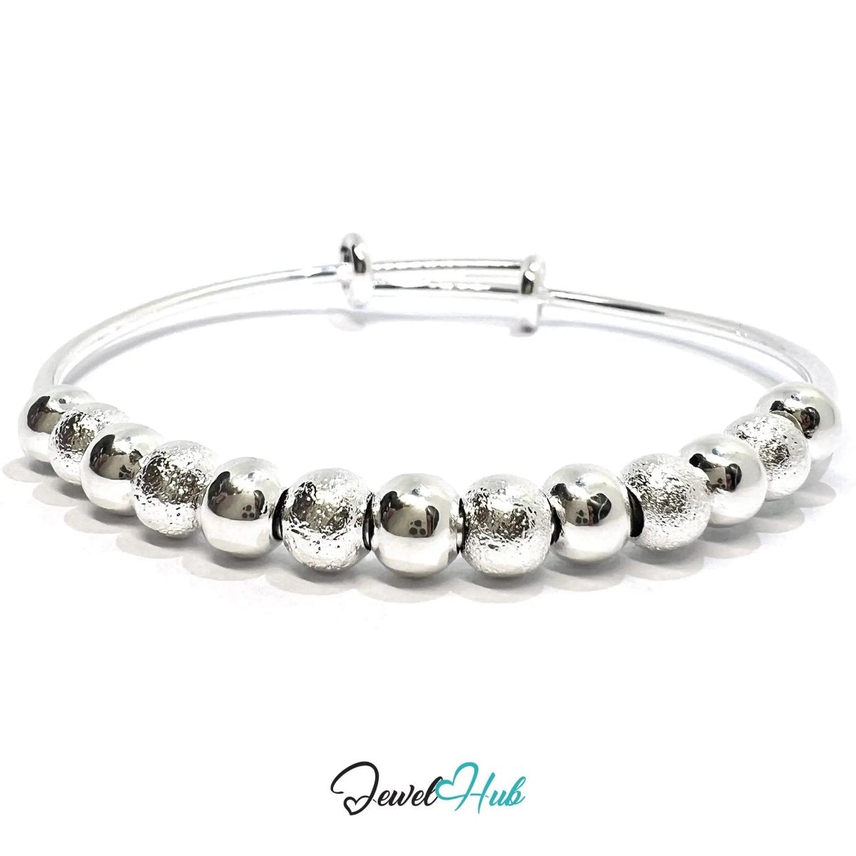 925 Sterling Silver Beaded Bangle – Polished & Textured Sphere Bracelet with Adjustable Open End - JewelHub.co.uk
