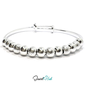 925 Sterling Silver Beaded Bangle – Polished & Textured Sphere Bracelet with Adjustable Open End - JewelHub.co.uk