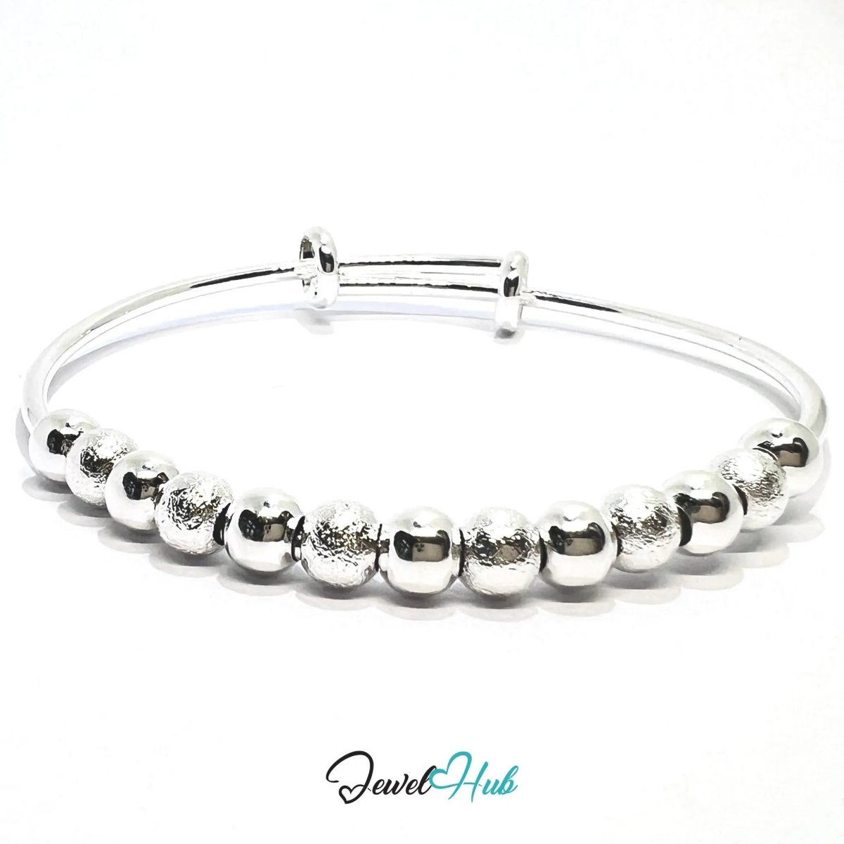 925 Sterling Silver Beaded Bangle – Polished & Textured Sphere Bracelet with Adjustable Open End - JewelHub.co.uk