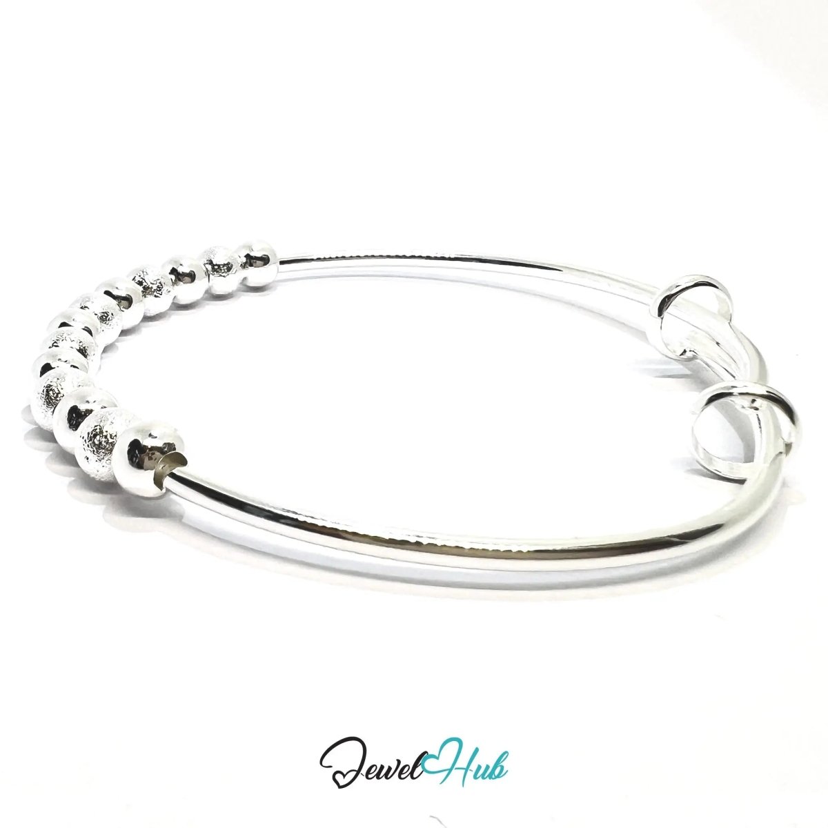 925 Sterling Silver Beaded Bangle – Polished & Textured Sphere Bracelet with Adjustable Open End - JewelHub.co.uk