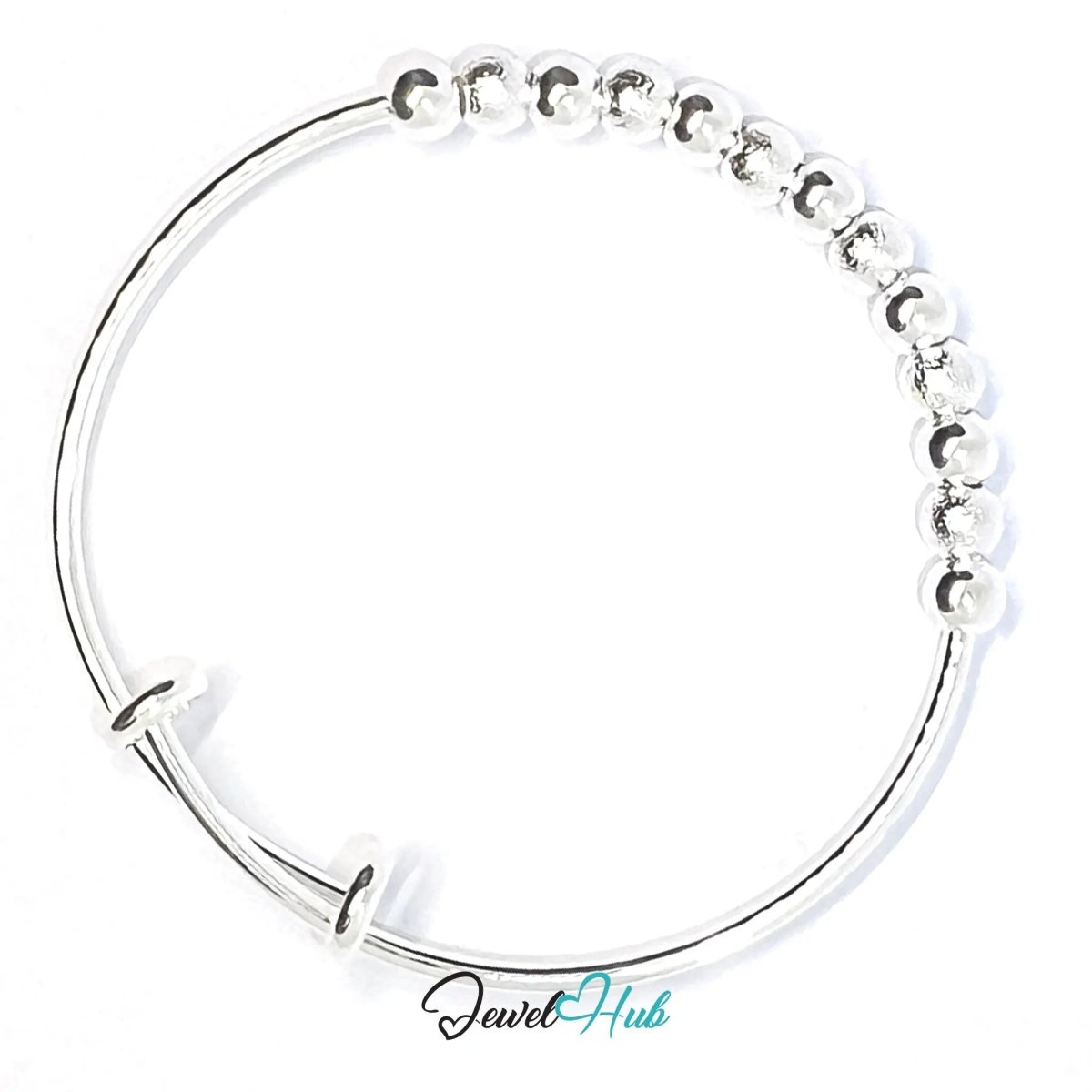 925 Sterling Silver Beaded Bangle – Polished & Textured Sphere Bracelet with Adjustable Open End - JewelHub.co.uk
